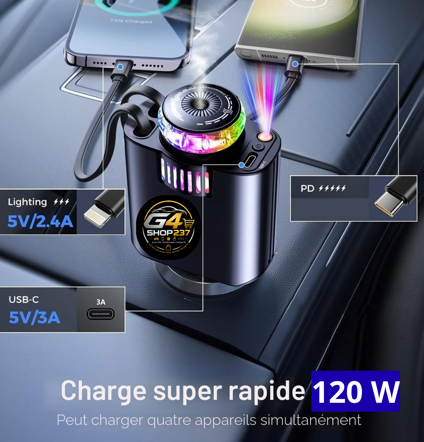 Chargeur Voiture 5-en-1 – Diffuseur d'Arômes & Projecteur Ciel Étoilé